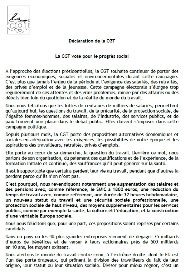 785. Elections présidentielles - Déclaration de la CGT (p1)