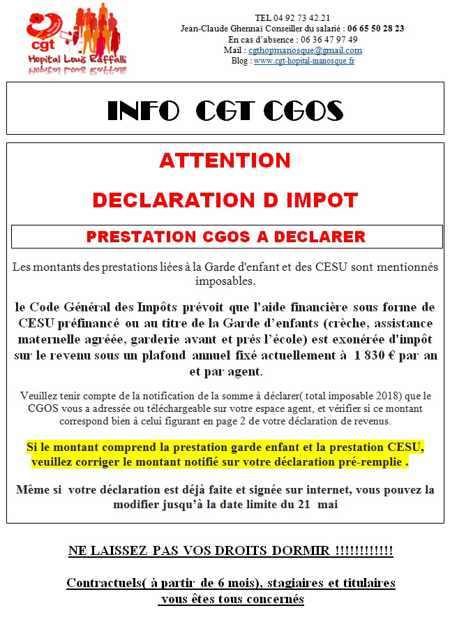 Tract Info CGT CGOS hôpital avril 2019