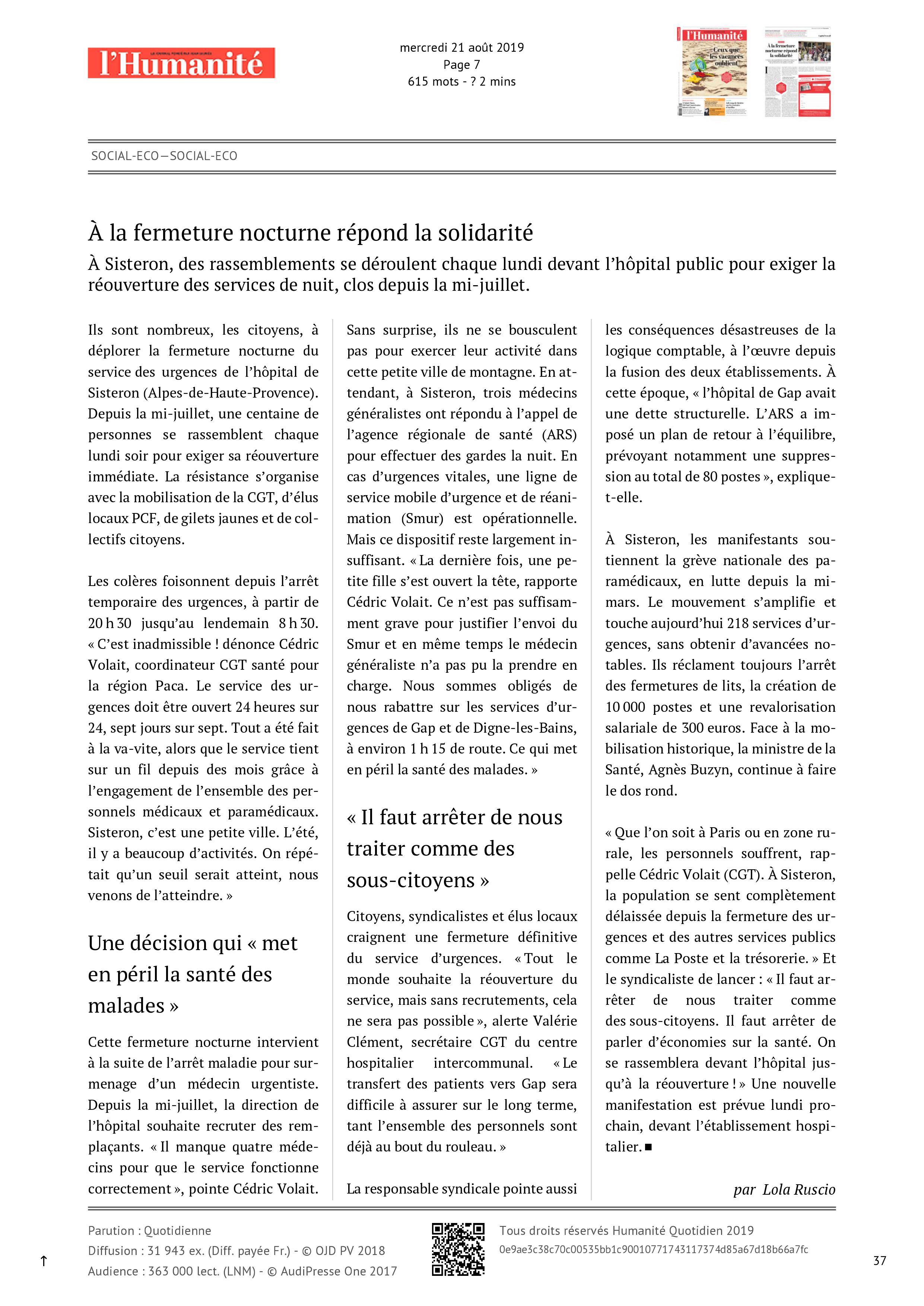 1157. Article L'Humanité du 21 août 2019 Urgences de Sisteron