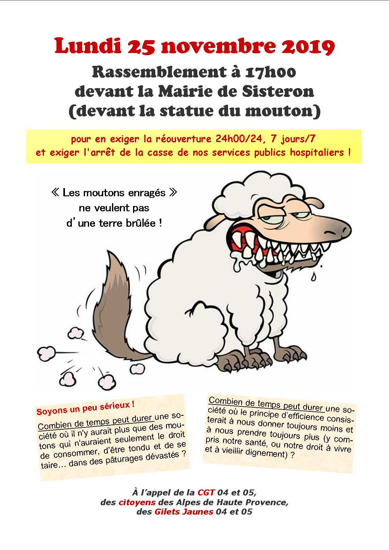 Tract moutons enragés urgences Sisteron 25 novembre 2019