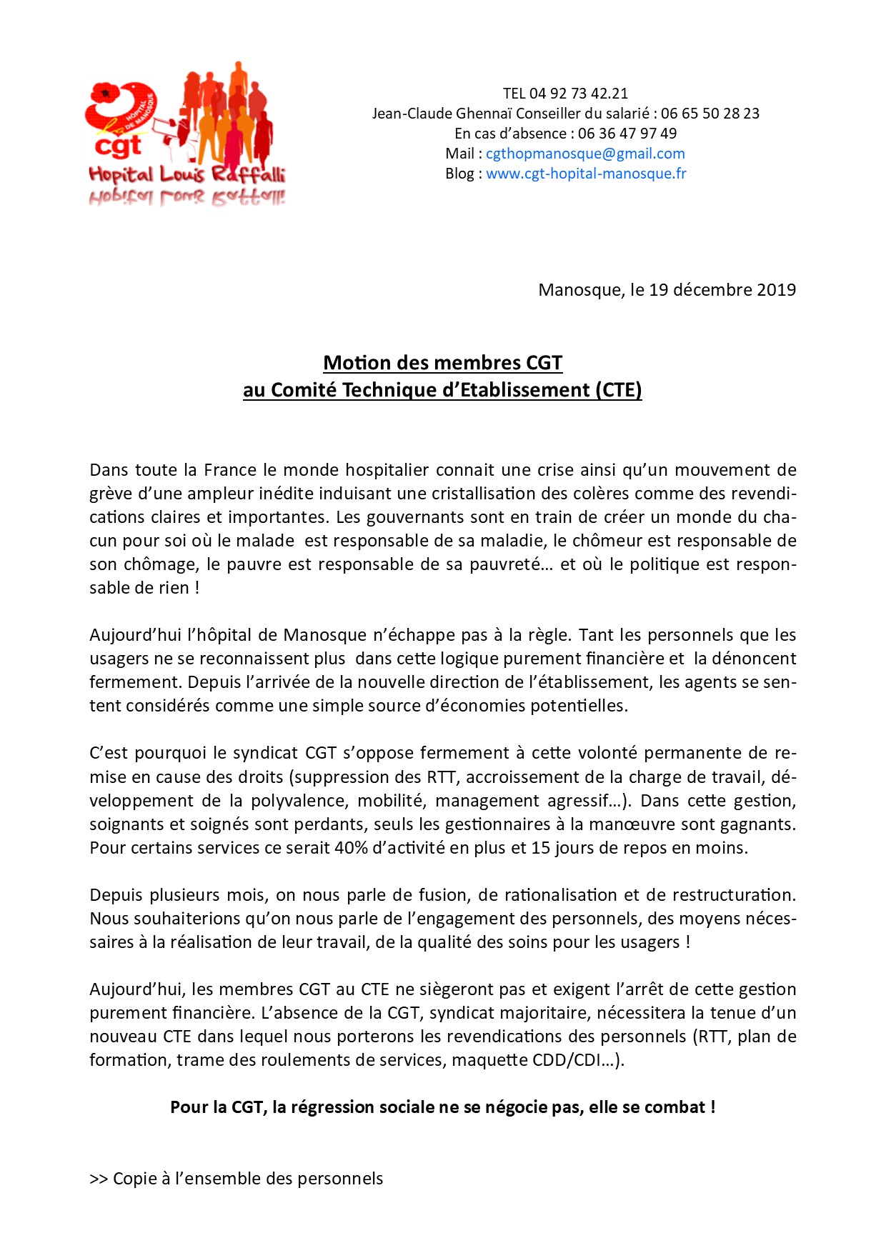 Communiqué CGT CTE du 19 décembre 2019