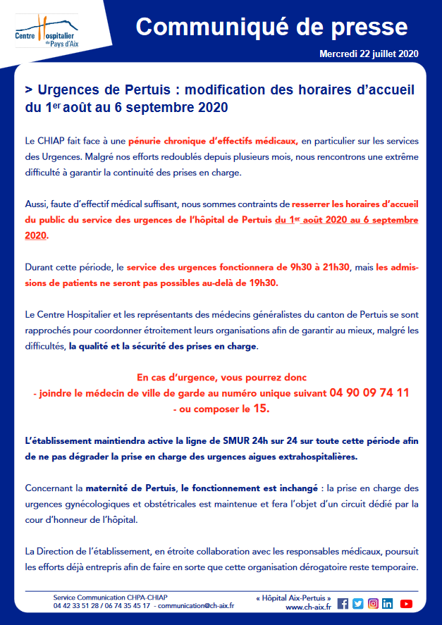 1277. Communiqué 22 juillet 2020 CH Aix Pertuis fermeture Urgences