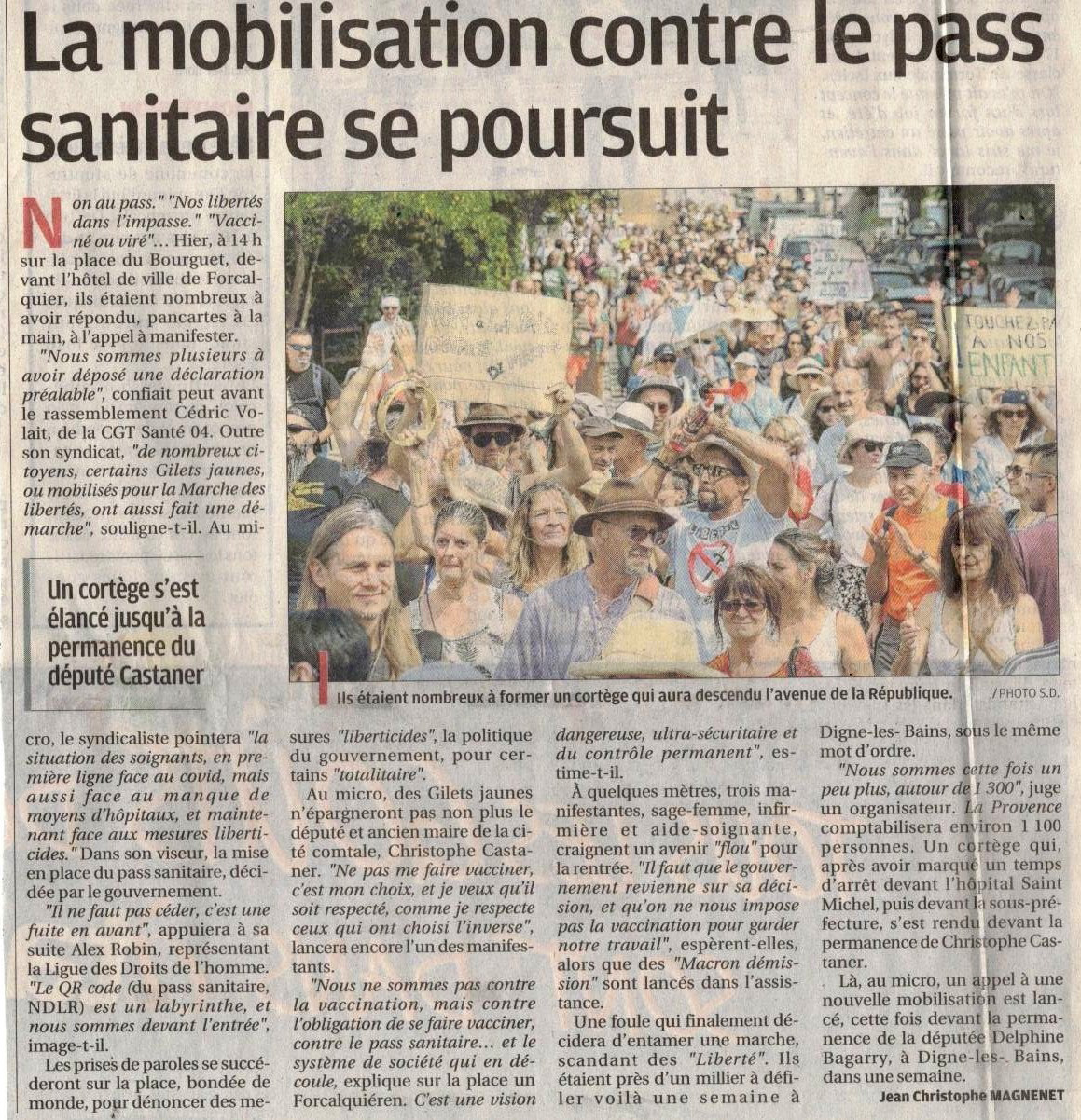 1370. Article La Provence manif libertés Forcalquier le 24 juillet 2021
